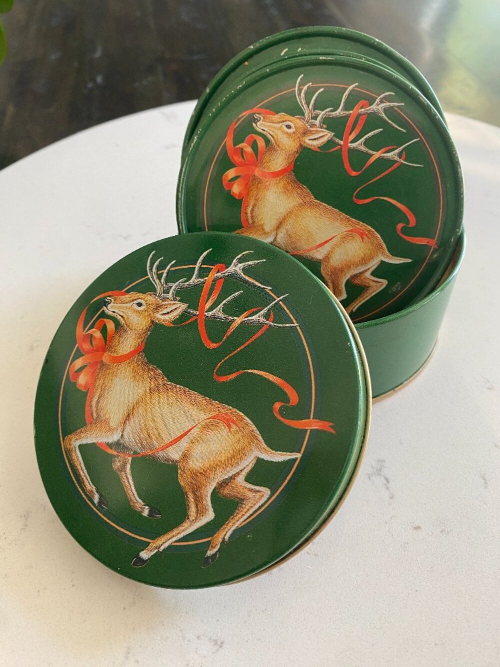 Vintage Enesco Christmas Reindeer Tin Coasters Set of 4 in Round Tin Box